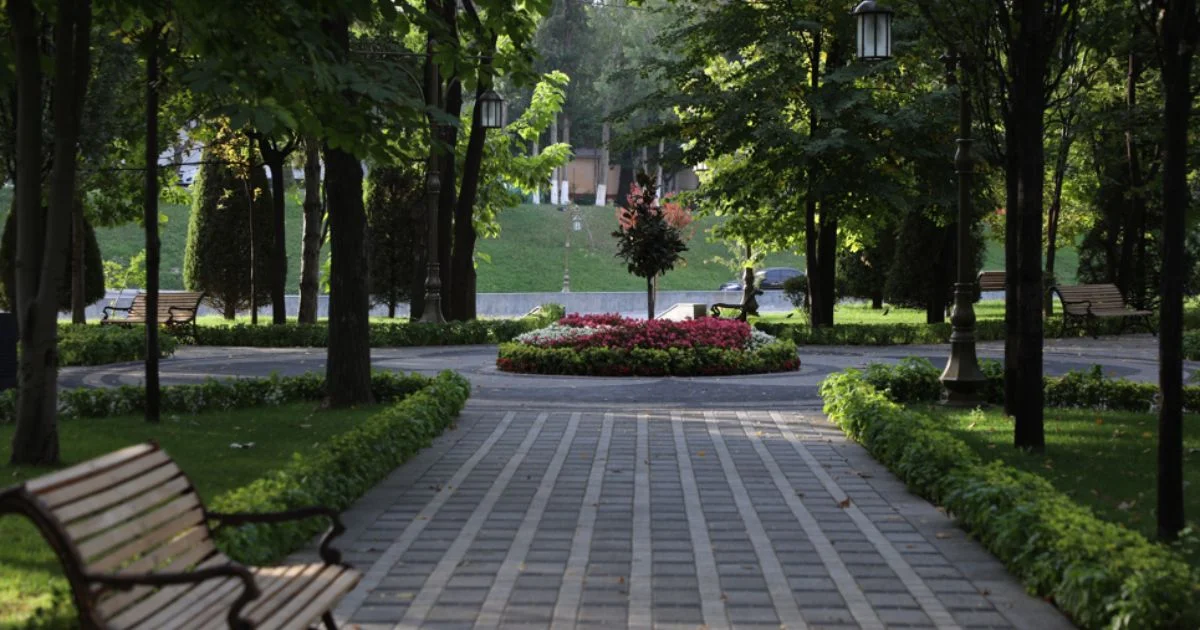 Pocket Park with Benches and Flowers